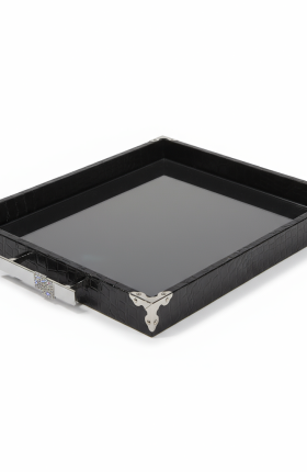 Leder-Displaybrett mit Stahlgriffen & Spiegelboden – mit Zier-Steinchen