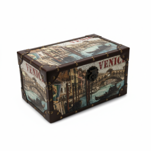 Venedig Aufbewahrungstruhe – Holz, Lederkanten & Metallgriff (35 × 21 × 20 cm)